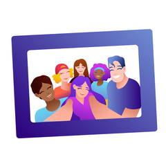 People group selfie. Friendly guy makes group photo with smiling friends on smartphone camera in hands, taking self portrait photos. Telephone photography vector cartoon illustration.