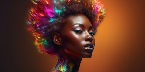 Afroamerikanisches Frauen Gesicht mit Holi Farben und Pulver Explosion Nahaufnahme Poster, ai generativ