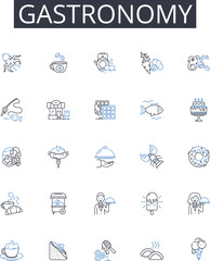 Gastronomy line icons collection. Culinarian Cuisine, Epicurean Delights, Foodie Culture, Gourmet Fare, Savory Cookery, Flavorful Dishes, Bistro-style Eating vector and linear illustration. Culinary
