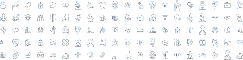 Medical exam line icons collection. Diagnosis, Checkup, Screening, Assessment, Physical, Evaluation, Test vector and linear illustration. Analysis,Prognosis,Diagnostic outline signs set