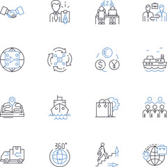 Worldwide transactions line icons collection. Globalization, Currency, Forex, Interchange, Wire, Remittance, Exchange vector and linear illustration. International,Mtary,Transfer outline signs set