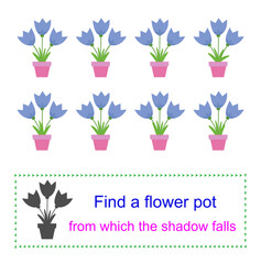 Educational game for kids. Task for attentiveness. Find a flower vase from which the shadow falls. Vector illustration
