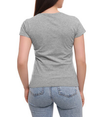 Obraz premium Woman wearing stylish gray T-shirt on white background, closeup