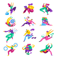 Running people, busy characters with work tasks