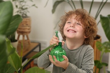 Cute little boy spraying beautiful green plant at home. House decor