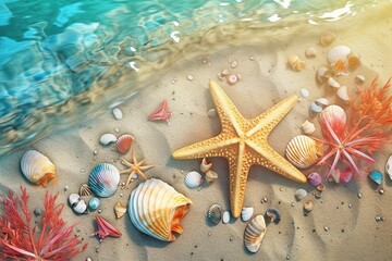 Fototapeta na wymiar Sea coast with sand. Ai. Shells and star fish top view. 