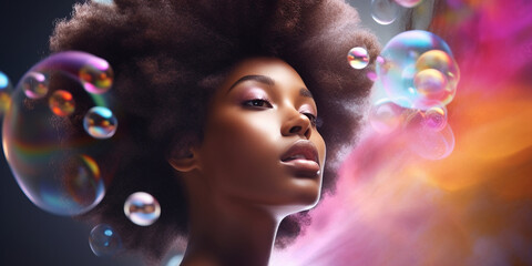 Afroamerikanisches Frauen Gesicht mit Holi Farben Pulver Explosion, Nahaufnahme Poster, AI Genartiv