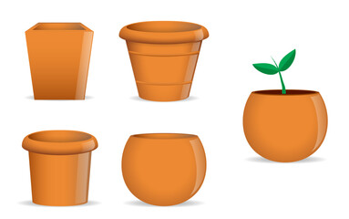 Set realistic empty flower pot or terra cotta flower pot with young plant - 3d illustrator