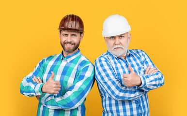 generation worker men in studio, thumb up. generation worker men on background
