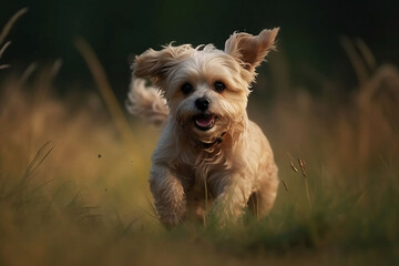 Naklejka na ściany i meble Happy Dog Running in a Meadow - Close Up Shot of a Cute and Playful Pet Enjoying the Outdoors