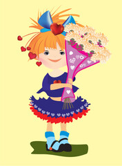 composition with a girl who is holding a large bouquet of flowers