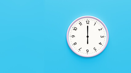 White clock on pastel color background. White wall clock hanging on the wall. Minimalist flat lay image of plastic wall clock over color background. Copy space. 6 o'clock