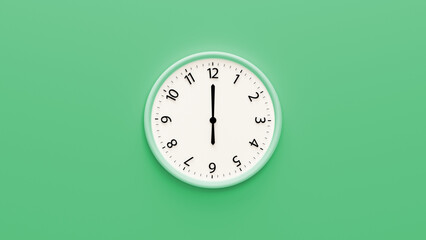 Fototapeta na wymiar White clock on pastel color background. White wall clock hanging on the wall. Minimalist flat lay image of plastic wall clock over color background. Copy space. 6 o'clock