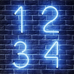 Glowing neon number (1, 2, 3, 4) signs on brick wall