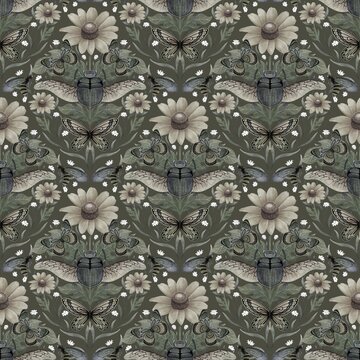 OLIVE GREEN SEAMLESS PATTERN WITH DIGITAL WATERCOLOR BEETLES, BUTTERFLIES AND BLOOMING FLOWERS