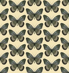 LIGHT YELLOW SEAMLESS PATTERN WITH MULTI-COLORED PASTEL DIGITAL WATERCOLOR BUTTERFLIES