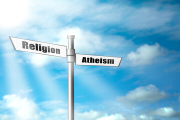Choice between atheism and religion. Signpost with words pointing in different directions against beautiful sky