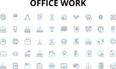 Fototapeta na wymiar Office work linear icons set. Collaboration, Productivity, Organization, Efficiency, Communication, Meetings, Deadlines vector symbols and line concept signs. Innovation,Multitasking,Prioritization