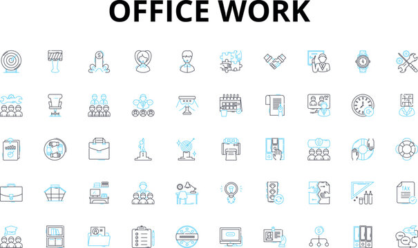 Office work linear icons set. Collaboration, Productivity, Organization, Efficiency, Communication, Meetings, Deadlines vector symbols and line concept signs. Innovation,Multitasking,Prioritization