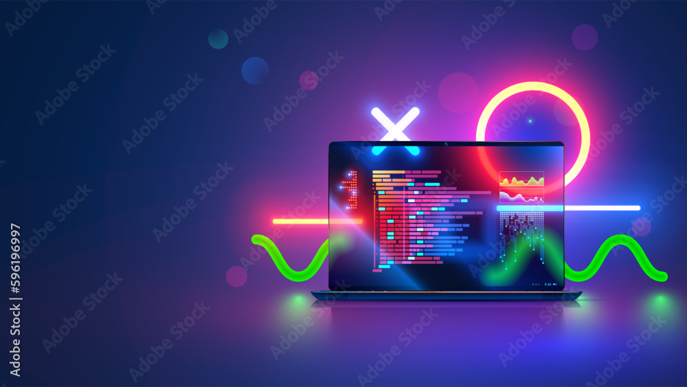 Fototapete Vector laptop with open screen on desk front view. Computer program code on screen laptop on table, abstract neon geometrical design elements. Programming, coding, software development concept banner.