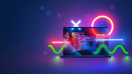 Vector laptop with open screen on desk front view. Computer program code on screen laptop on table, abstract neon geometrical design elements. Programming, coding, software development concept banner.