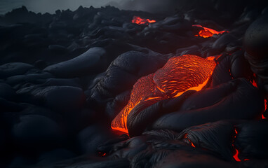 Molten lava flows from an active volcano, showcasing nature's power, shallow depth of field, Illustrative Generative AI