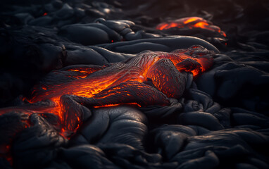 Molten lava flows from an active volcano, showcasing nature's power, shallow depth of field, Illustrative Generative AI