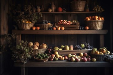 A rustic display of autumn produce on a wooden shelf. Generative AI