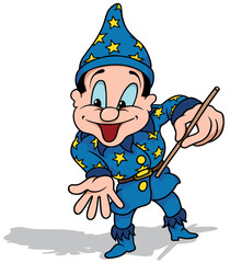 Smiling Magician in a Blue Costume with a Magic Wand in his Hand