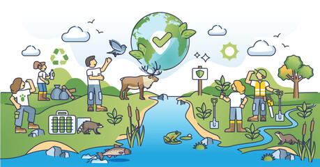 Wildlife conservation and habitat restoration as green work outline concept. Environmentalist job as animal protection, sustainable future awareness and national park preservation vector illustration