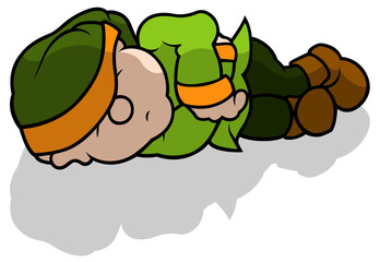 Small Dwarf in Green Clothes Sleeping on the Ground