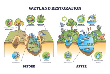 Wetland restoration and reviving ecosystems for healthier environment outline diagram. Labeled educational biology scheme with before and after comparison for wet land vegetation vector illustration. - obrazy, fototapety, plakaty