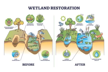 Foto op Plexiglas Wetland restoration and reviving ecosystems for healthier environment outline diagram. Labeled educational biology scheme with before and after comparison for wet land vegetation vector illustration. © VectorMine