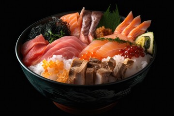 Chirashi Don Sushi Sashimi Rice Salmon Tuna Hamachi Snapper Mackeral Saba Abalone Ikura Masago Roe Uni  Shiso Seaweed Wasabi Ginger in Bowl Image