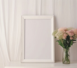 Blank picture frame mockup in interior. 3d illustration.  Generative AI 