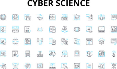 Cyber science linear icons set. Cybersecurity, Encryption, Malware, Hackers, Phishing, Cybercrime, Firewalls vector symbols and line concept signs. Botnets,Exploits,Passwords illustration