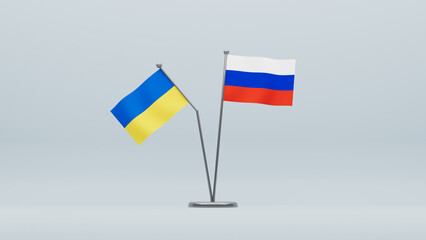 Nation flag of Russia and the broken pole of Ukraine. 3d render.