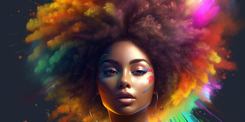 Obraz na płótnie Canvas Afroamerikanisches Frauen Gesicht mit Holi Farben Pulver Explosion, Nahaufnahme Poster, AI Genartiv