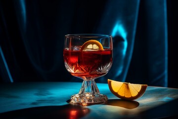 Sazerac cocktail: cognac, bourbon, absinthe, bitters, sugar, lemon zest on red-blue background with hard light & shadows. Generative AI