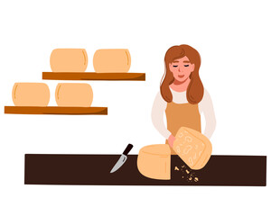 A woman cheese maker cuts a head of cheese. Vector illustration