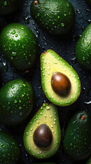 Ripe avocados with water drops on a black background. 