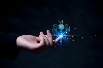 Business hand holding AI icon to digital marketing strategy idea ,target of investment growth, chatbot application software futuristic technology ,business of AI artificial intelligence innovation.