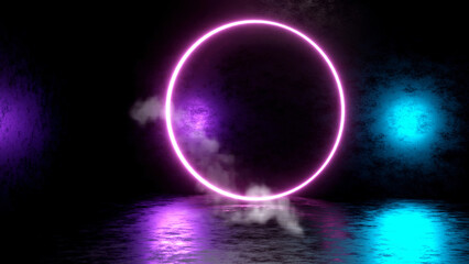 Modern futuristic 3d rendering of neon circle stage glow lightning background. Template for product presentation concept. Mock up 3D rendering.