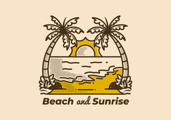 illustration of Two coconut trees and big sun on the beach