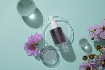 Obraz na płótnie Canvas Concept for promote cosmetic with beauty flower - bottle with dropper cap filled purple liquid on transparent podium, glass balls and purple flowers decorated on blue background.