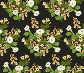 BLACK SEAMLESS BACKGROUND WITH BOUQUETS OF BLOOMING POISONOUS PLANTS © elena