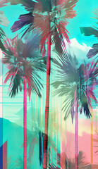 Summer vivid color illustration, exotic background with tropical leaves and palm trees. Summer creative concept. Generative AI.