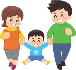 手を繋いで仲良く歩く親子　両親と息子
