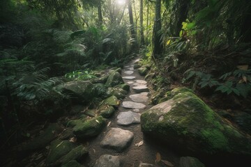 A trail made of stones winding through a lush jungle landscape in the rainforest. Generative AI