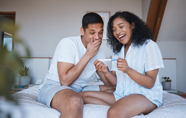 Pregnant, test and excited couple in bedroom with positive results, good news and celebration at home. Pregnancy, maternity and happy man and woman on bed with for fertility, family and surprise